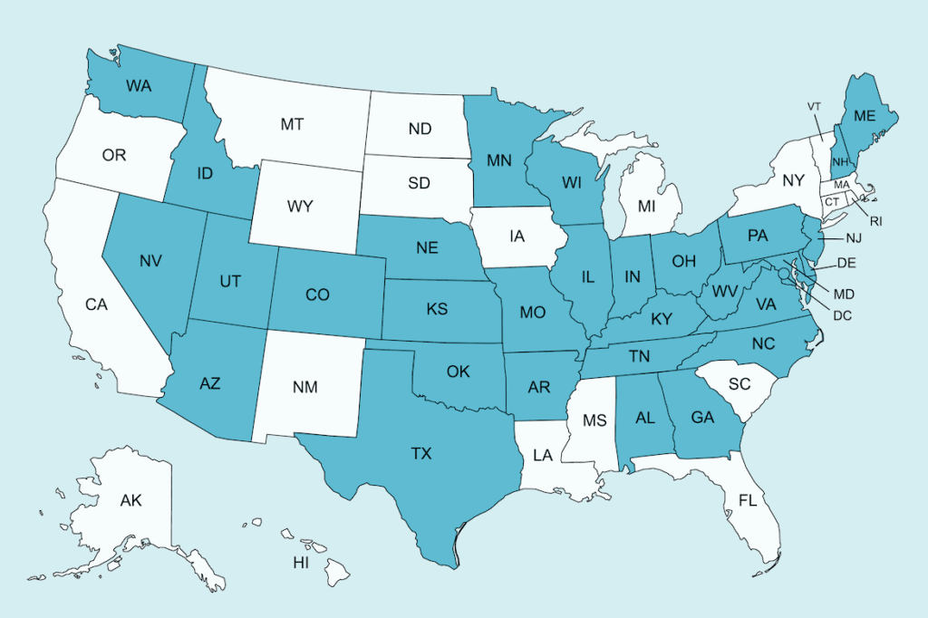 A map of the US, featuring the 31 states where PSYPACT is active and Miranda Nadeau can practice