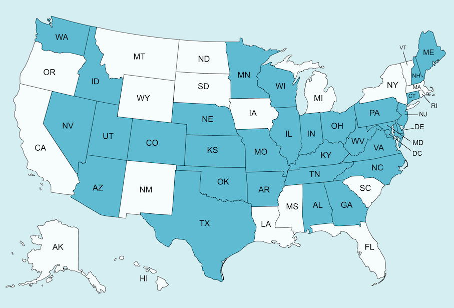 A map of the US, featuring the 32 states where PSYPACT is active and Miranda Nadeau can practice