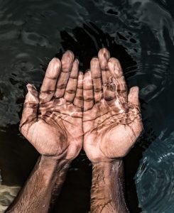 Hands cupped under water