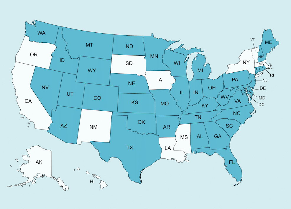 A map of the US, featuring the 39 states where PSYPACT is active and Miranda Nadeau can practice therapy